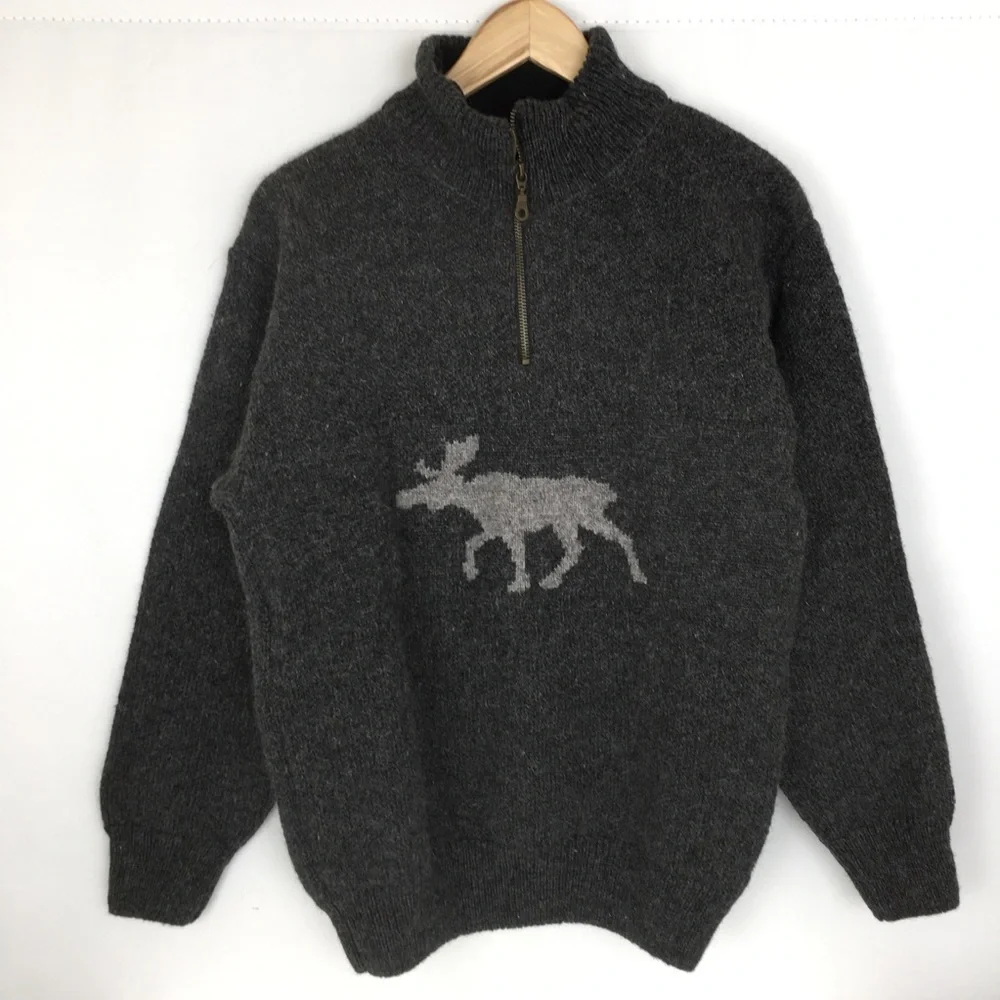 Norwool of Norway Wool Quarter Zip Sweater Gray Moose Print Mens Size Small